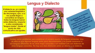 Lengua y Dialecto
Existen varios problemas para establecer el número exacto de lenguas existentes. Uno
de ellos es que algunas lenguas están poco documentadas y no puede conocerse si
son lenguas diferentes de las otras mejor conocidas o en realidad solo son dialectos de
otras lenguas conocidas. No hay una clara distinción entre un idioma y un dialecto.
El dialecto es, en cambio,
una variedad lingüística
de otra lengua, que, a su
vez puede llegar a
convertirse en lengua:
todas las lenguas fueron
antes dialectos, respecto
a otra considerada
"lengua madre". Desde el
punto de vista
comunicativo son iguales.
 