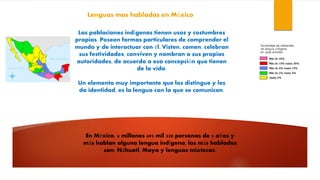 Lenguas mas habladas en México
Las poblaciones indígenas tienen usos y costumbres
propias. Poseen formas particulares de comprender el
mundo y de interactuar con él. Visten, comen, celebran
sus festividades, conviven y nombran a sus propias
autoridades, de acuerdo a esa concepción que tienen
de la vida.
Un elemento muy importante que los distingue y les
da identidad, es la lengua con la que se comunican.
En México, 6 millones 695 mil 228 personas de 5 años y
más hablan alguna lengua indígena, las más habladas
son: Náhuatl, Maya y lenguas mixtecas.
 