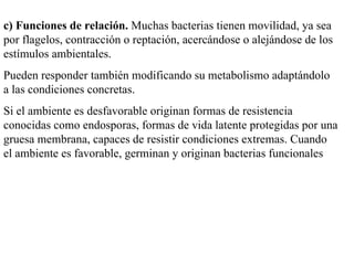 c) Funciones de relación. Muchas bacterias tienen movilidad, ya sea
por flagelos, contracción o reptación, acercándose o alejándose de los
estímulos ambientales.
Pueden responder también modificando su metabolismo adaptándolo
a las condiciones concretas.
Si el ambiente es desfavorable originan formas de resistencia
conocidas como endosporas, formas de vida latente protegidas por una
gruesa membrana, capaces de resistir condiciones extremas. Cuando
el ambiente es favorable, germinan y originan bacterias funcionales
 