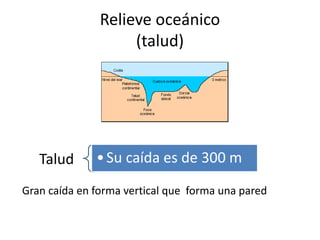 Relieve oceánico
(talud)
Gran caída en forma vertical que forma una pared
Talud •Su caída es de 300 m
 