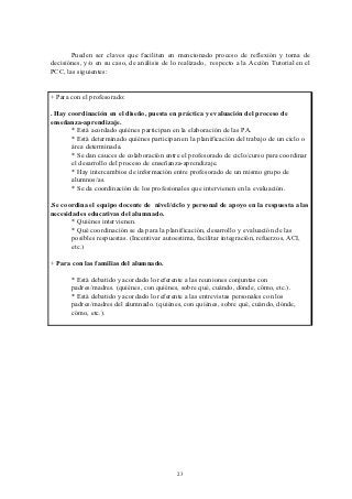 Pueden ser claves que faciliten en mencionado proceso de reflexión y toma de
decisiónes, y/o en su caso, de análisis de lo realizado, respecto a la Acción Tutorial en el
PCC, las siguientes:


+ Para con el profesorado:

. Hay coordinación en el diseño, puesta en práctica y evaluación del proceso de
enseñanza-aprendizaje.
       * Está acordado quiénes participan en la elaboración de las PA.
       * Está determinado quiénes participan en la planificación del trabajo de un ciclo o
       área determinada.
       * Se dan cauces de colaboración entre el profesorado de ciclo/curso para coordinar
       el desarrollo del proceso de enseñanza-aprendizaje.
       * Hay intercambios de información entre profesorado de un mismo grupo de
       alumnos/as.
       * Se da coordinación de los profesionales que intervienen en la evaluación.

.Se coordina el equipo docente de nivel/ciclo y personal de apoyo en la respuesta a las
necesidades educativas del alumnado.
       * Quiénes intervienen.
       * Qué coordinación se da para la planificación, desarrollo y evaluación de las
       posibles respuestas. (Incentivar autoestima, facilitar integración, refuerzos, ACI,
       etc.)

+ Para con las familias del alumnado.

       * Está debatido y acordado lo referente a las reuniones conjuntas con
       padres/madres. (quiénes, con quiénes, sobre qué, cuándo, dónde, cómo, etc.).
       * Está debatido y acordado lo referente a las entrevistas personales con los
       padres/madres del alumnado. (quiénes, con quiénes, sobre qué, cuándo, dónde,
       cómo, etc.).




                                            23
 