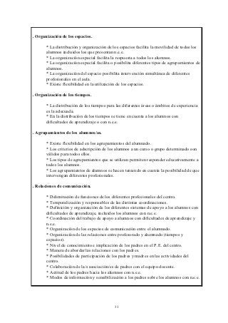 . Organización de los espacios.

       * La distribución y organización de los espacios facilita la movilidad de todos los
       alumnos incluidos los que presentan n.e.e.
       * La organización espacial facilita la respuesta a todos los alumnos.
       * La organización espacial facilita o posibilita diferentes tipos de agrupamientos de
       alumnos.
       * La organización del espacio posibilita intervención simultánea de diferentes
       profesionales en el aula.
       * Existe flexibilidad en la utilización de los espacios.

. Organización de los tiempos.

       * La distribución de los tiempos para las diferentes áreas o ámbitos de experiencia
       es la adecuada.
       * En la distribución de los tiempos se tiene en cuenta a los alumnos con
       dificultades de aprendizaje o con n.e.e.

. Agrupamientos de los alumnos/as.

       * Existe flexibilidad en los agrupamientos del alumnado.
       * Los criterios de adscripción de los alumnos a un curso o grupo determinado son
       válidos para todos ellos.
       * Los tipos de agrupamientos que se utilizan permiten responder educativamente a
       todos los alumnos.
       * Los agrupamientos de alumnos se hacen teniendo en cuenta la posibilidad de que
       intervengan diferentes profesionales.

. Relaciones de comunicación.

       * Delimitación de funciones de los diferentes profesionales del centro.
       * Temporalización y responsables de las distintas coordinaciones.
       * Definición y organización de los diferentes sistemas de apoyo a los alumnos con
       dificultades de aprendizaje, incluidos los alumnos con n.e.e.
       * Coordinación del trabajo de apoyo a alumnos con dificultades de aprendizaje y
       n.e.e.
       * Organización de los espacios de comunicación entre el alumnado.
       * Organización de las relaciones entre profesorado y alumnado (tiempos y
       espacios).
       * Nivel de conocimiento e implicación de los padres en el P.E. del centro.
       * Manera de abordar las relaciones con los padres.
       * Posibilidades de participación de los padres y madres en las actividades del
       centro.
       * Colaboración de la/s asociación/es de padres con el equipo docente.
       * Actitud de los padres hacia los alumnos con n.e.e.
       * Modos de información y sensibilización a los padres sobre los alumnos con n.e.e.




                                            31
 