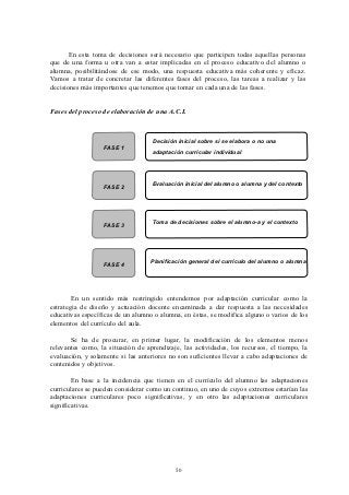 En esta toma de decisiones será necesario que participen todas aquellas personas
que de una forma u otra van a estar implicadas en el proceso educativo del alumno o
alumna, posibilitándose de ese modo, una respuesta educativa más coherente y eficaz.
Vamos a tratar de concretar las diferentes fases del proceso, las tareas a realizar y las
decisiones más importantes que tenemos que tomar en cada una de las fases.


Fases del proceso de elaboración de una A.C.I.



                                   Decisión inicial sobre si se elabora o no una
                  FASE 1
                                   adaptación curricular individual




                                   Evaluación inicial del alumno o alumna y del contexto
                  FASE 2




                                   Toma de decisiones sobre el alumno-a y el contexto
                  FASE 3




                                   Planificación general del currículo del alumno o alumna
                  FASE 4




        En un sentido más restringido entendemos por adaptación curricular como la
estrategia de diseño y actuación docente encaminada a dar respuesta a las necesidades
educativas específicas de un alumno o alumna, en éstas, se modifica alguno o varios de los
elementos del currículo del aula.

       Se ha de procurar, en primer lugar, la modificación de los elementos menos
relevantes como, la situación de aprendizaje, las actividades, los recursos, el tiempo, la
evaluación, y solamente si las anteriores no son suficientes llevar a cabo adaptaciones de
contenidos y objetivos.

        En base a la incidencia que tienen en el currículo del alumno las adaptaciones
curriculares se pueden considerar como un continuo, en uno de cuyos extremos estarían las
adaptaciones curriculares poco significativas, y en otro las adaptaciones curriculares
significativas.




                                           50
 