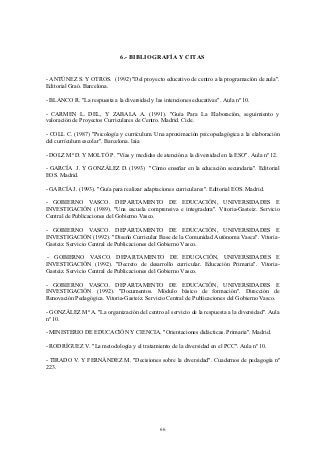 6.- BIBLIOGRAFÍA Y CITAS


- ANTÚNEZ S. Y OTROS. (1992) "Del proyecto educativo de centro a la programación de aula".
Editorial Graó. Barcelona.

- BLANCO R. "La respuesta a la diversidad y las intenciones educativas". Aula nº 10.

- CARMEN L. DEL, Y ZABALA A. (1991). "Guía Para La Elaboración, seguimiento y
valoración de Proyectos Curriculares de Centro. Madrid. Cide.

- COLL C. (1987) "Psicología y currículum. Una aproximación psicopedagógica a la elaboración
del currículum escolar". Barcelona. laia

- DOLZ Mª D. Y MOLTÓ P. "Vías y medidas de atención a la diversidad en la ESO". Aula nº 12.

- GARCÍA J. Y GONZÁLEZ D. (1993) "Cómo enseñar en la educación secundaria". Editorial
EOS. Madrid.

- GARCÍA J. (1993). "Guía para realizar adaptaciones curriculares". Editorial EOS. Madrid.

- GOBIERNO VASCO. DEPARTAMENTO DE EDUCACIÓN, UNIVERSIDADES E
INVESTIGACIÓN (1989). "Una escuela comprensiva e integradora". Vitoria-Gasteiz. Servicio
Central de Publicaciones del Gobierno Vasco.

- GOBIERNO VASCO. DEPARTAMENTO DE EDUCACIÓN, UNIVERSIDADES E
INVESTIGACIÓN (1992). "Diseño Curricular Base de la Comunidad Autónoma Vasca". Vitoria-
Gasteiz. Servicio Central de Publicaciones del Gobierno Vasco.

 - GOBIERNO VASCO. DEPARTAMENTO DE EDUCACIÓN, UNIVERSIDADES E
INVESTIGACIÓN (1992). "Decreto de desarrollo curricular. Educación Primaria". Vitoria-
Gasteiz. Servicio Central de Publicaciones del Gobierno Vasco.

- GOBIERNO VASCO. DEPARTAMENTO DE EDUCACIÓN, UNIVERSIDADES E
INVESTIGACIÓN (1992). "Documentos. Módulo básico de formación". Dirección de
Renovación Pedagógica. Vitoria-Gasteiz. Servicio Central de Publicaciones del Gobierno Vasco.

- GONZÁLEZ Mª A. "La organización del centro al servicio de la respuesta a la diversidad". Aula
nº 10.

- MINISTERIO DE EDUCACIÓN Y CIENCIA. "Orientaciones didácticas. Primaria". Madrid.

- RODRÍGUEZ V. "La metodología y el tratamiento de la diversidad en el PCC". Aula nº 10.

- TIRADO V. Y FERNÁNDEZ M. "Decisiones sobre la diversidad". Cuadernos de pedagogía nº
223.




                                               66
 