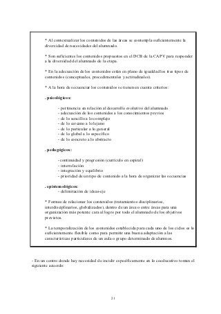 * Al contextualizar los contenidos de las áreas se contempla suficientemente la
       diversidad de necesidades del alumnado.

       * Son suficientes los contenidos propuestos en el DCB de la CAPV para responder
       a la diversidad del alumnado de la etapa.

       * En la adecuación de los contenidos están en plano de igualdad los tres tipos de
       contenidos (conceptuales, procedimentales y actitudinales).

       * A la hora de secuenciar los contenidos se tienen en cuenta criterios:

       . psicológicos:

              - pertinencia en relación al desarrollo evolutivo del alumnado
              - adecuación de los contenidos a los conocimientos previos
              - de lo sencillo a lo complejo
              - de lo cercano a lo lejano
              - de lo particular a lo general
              - de lo global a lo específico
              - de lo concreto a lo abstracto

       . pedagógicos:

              -continuidad y progresión (currículo en espiral)
              - interrelación
              - integración y equilibrio
              - prioridad de un tipo de contenido a la hora de organizar las secuencias

       . epistemológicos:
               - delimitación de ideas-eje

       * Formas de relacionar los contenidos (tratamientos disciplinarios,
       interdisciplinarios, globalizados), dentro de un área o entre áreas para una
       organización más potente cara al logro por todo el alumnado de los objetivos
       previstos.

       * La temporalización de los contenidos establecida para cada uno de los ciclos es lo
       suficientemente flexible como para permitir una buena adaptación a las
       características particulares de un aula o grupo determinado de alumnos.



- En un centro donde hay necesidad de incidir específicamente en lo coeducativo toman el
siguiente acuerdo:




                                             21
 