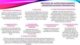 PROCESO DE AUTOCONOCIMIENTO
(HOMOSEXUALIDAD/TRANSEXUAL)
1.SENTIMIENTO DE DIFERENCIA
Significa sentirse diferente a las
personas (hermanos/as, padre,
madre, amigos/as,
compañeros/as) que rodean al
ser humano en la infancia
2. NEGACIÓN
Al carecer de referentes cercanos
sobre la propia orientación sexual o
identidad de género y al apreciar
que los afectos son rechazados por
una mayoría, la persona niega lo
que es por miedo y con culpa.
3. HOMO/TRANSFOBIA INTERIORIZADA
Debido a la falta de opiniones o
actitudes externas positivas hacia la
homosexualidad o la transexualidad, la
persona puede sentir homofobia o
transfobia, es decir rechazo y vergüenza
sobre su propia orientación sexual o
identidad de género y sobre quienes
sienten de igual manera.
4. MANIFESTACIÓN Y
DEFINICIÓN
Consiste en ir asumiendo de
manera paulatina el hecho de
ser transexual o de amar y
desear a alguien del mismo
sexo.
5. EXPLORACIÓN,
EXPERIMENTACIÓN E
INTIMIDAD.
Determinado por la
socialización y/o intimidad
con pares homosexuales o
transexuales.
6. AUTOACEPTACIÓN E
INTEGRACIÓN
La persona asume como
propia una identidad
homosexual o transexual.
7. CONSOLIDACIÓN DE
IDENTIDAD
Se comprende e
internaliza que la
orientación sexual o
identidad de género no
es lo único que define a
la persona, pues ello sólo
es un aspecto más del
ser humano.
8. SALIDA DEL ARMARIO
Proceso de auto-conocimiento: Conocidos los diversos pasos del proceso de
auto-conocimiento de las personas homosexuales o transexuales, debatir en el
aula, o con amigos/as y familiares, sobre los episodios que a su juicio viven
quienes son heterosexuales, estableciendo la mayor cantidad de paralelos
posibles.
 