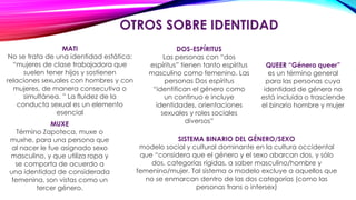 OTROS SOBRE IDENTIDAD
MATI
No se trata de una identidad estática:
“mujeres de clase trabajadora que
suelen tener hijos y sostienen
relaciones sexuales con hombres y con
mujeres, de manera consecutiva o
simultánea. ” La fluidez de la
conducta sexual es un elemento
esencial
DOS-ESPÍRITUS
Las personas con “dos
espíritus” tienen tanto espíritus
masculino como femenino. Las
personas Dos espíritus
“identifican el género como
un continuo e incluye
identidades, orientaciones
sexuales y roles sociales
diversos”MUXE
Término Zapoteca, muxe o
muxhe, para una persona que
al nacer le fue asignado sexo
masculino, y que utiliza ropa y
se comporta de acuerdo a
una identidad de considerada
femenina, son vistas como un
tercer género.
QUEER “Género queer”
es un término general
para las personas cuya
identidad de género no
está incluida o trasciende
el binario hombre y mujer
SISTEMA BINARIO DEL GÉNERO/SEXO
modelo social y cultural dominante en la cultura occidental
que “considera que el género y el sexo abarcan dos, y sólo
dos, categorías rígidas, a saber masculino/hombre y
femenino/mujer. Tal sistema o modelo excluye a aquellos que
no se enmarcan dentro de las dos categorías (como las
personas trans o intersex)
 
