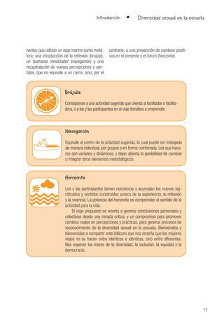 11
Diversidad sexual en la escuela
nentes que utilizan un viaje marino como metá-
fora: una introducción de la reflexión (brujula),
un quehacer movilizador (navegación) y una
recapitulación de nuevas percepciones y sen-
tidos, que no equivale a un cierre, sino, por el
contrario, a una proyección de cambios positi-
vos en el presente y el futuro (horizonte).
Introducción •
Brújula
Corresponde a una actividad sugerida que orienta al facilitador o facilita-
dora, o a los y las participantes en el viaje temático a emprender.
Navegación
Equivale al centro de la actividad sugerida, la cual puede ser trabajada
de manera individual, por grupos o en forma combinada. Los que hace-
res son variados y dinámicos, y dejan abierta la posibilidad de cambiar
o integrar otros elementos metodológicos.
Horizonte
Los y las participantes toman conciencia y acumulan los nuevos sig-
nificados y sentidos construidos acerca de la experiencia, la reflexión
y la vivencia. La potencia del horizonte es comprender el sentido de la
actividad para la vida.
El viaje propuesto se orienta a generar conclusiones personales y
colectivas desde una mirada crítica, y un compromiso para promover
cambios reales en percepciones y prácticas, para generar procesos de
reconocimiento de la diversidad sexual en la escuela. Bienvenidos y
bienvenidas a compartir esta bitácora que nos enseña que los mejores
viajes no se hacen entre idénticos e idénticas, sino entre diferentes.
Nos esperan los mares de la diversidad, la inclusión, la equidad y la
democracia.
 