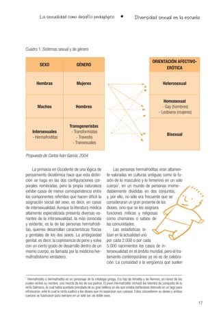 La sexualidad como desafío pedagógico •
17
Diversidad sexual en la escuela
Propuesta de Carlos Iván García, 2004.
Cuadro 1. Sistemas sexual y de género
SEXO GÉNERO
ORIENTACIÓN AFECTIVO-
ERÓTICA
Hembras Mujeres Heterosexual
Machos Hombres
Homosexual
- Gay (hombres)
- Lesbiana (mujeres)
Intersexuales
- Hermafroditas
Transgeneristas
- Transformistas
- Travestis
- Transexuales
Bisexual
1
Hermafrodito o Hermafrodita es un personaje de la mitología griega. Era hijo de Afrodita y de Hermes, en honor de los
cuales recibió su nombre, una mezcla de los de sus padres. El joven Hermafrodito rechazó los intentos de conquista de la
ninfa Salmacis, la cual había quedado prendada de su gran belleza un día que estaba bañándose desnudo en un lago para
refrescarse, ante lo cual la ninfa suplicó a los dioses que no separaran sus cuerpos. Estos concedieron su deseo y ambos
cuerpos se fusionaron para siempre en un solo ser, de doble sexo.
La primacía en Occidente de una lógica de
pensamiento dicotómica hace que esta distin-
ción se haga en las dos configuraciones cor-
porales nombradas, pero la propia naturaleza
exhibe casos de menor correspondencia entre
los componentes referidos que hacen difícil la
asignación social del sexo, es decir, en casos
de intersexualidad. Aunque la literatura médica
altamente especializada presenta diversas va-
riantes de la intersexualidad, la más conocida
y evidente, es la de las personas hermafrodi-
tas, quienes desarrollan características físicas
y genitales de los dos sexos. La ambigüedad
genital, es decir, la copresencia de pene y vulva
con un cierto grado de desarrollo dentro de un
mismo cuerpo, es llamada por la medicina her-
mafrodistismo verdadero.
Las personas hermafroditas eran altamen-
te valoradas en culturas antiguas como la fu-
sión de lo masculino y lo femenino en un solo
cuerpo1
, en un mundo de personas irreme-
diablemente divididas en dos conjuntos,
y, por ello, no sólo era frecuente que se
consideraran un gran presente de los
dioses, sino que se les asignara
funciones míticas y religiosas
como chamanes o sabios de
las comunidades.
Las estadísticas si-
túan en la actualidad uno
por cada 2.000 o por cada
5.000 nacimientos los casos de in-
tersexualidad en el ámbito mundial, pero el tra-
tamiento contemporáneo ya no es de celebra-
ción. La curiosidad o la vergüenza que suelen
 