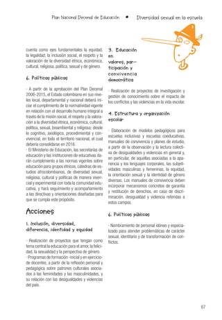 67
Plan Nacional Decenal de Educación • Diversidad sexual en la escuela
cuenta como ejes fundamentales la equidad,
la legalidad, la inclusión social, el respeto y la
valoración de la diversidad étnica, económica,
cultural, religiosa, política, sexual y de género.
6. Políticas públicas
· A partir de la aprobación del Plan Decenal
2006-2015, el Estado colombiano en sus nive-
les local, departamental y nacional deberá ini-
ciar el cumplimiento de la normatividad vigente
en relación con el desarrollo humano integral a
través de la misión social, el respeto y la valora-
ción a la diversidad étnica, económica, cultural,
política, sexual, bioambiental y religiosa; desde
lo cognitivo, axiológico, procedimiental y con-
vivencial, en todo el territorio nacional, el cual
debería consolidarse en 2016.
· El Ministerio de Educación, las secretarías de
educación y las instituciones de educativas da-
rán cumplimiento a las normas vigentes sobre
educación para grupos étnicos, cátedras de es-
tudios afrocolombianos, de diversidad sexual,
religiosa, cultural y políticas de manera viven-
cial y experimental con toda la comunidad edu-
cativa, y hará seguimiento y acompañamiento
a las directivas y orientaciones diseñadas para
que se cumpla este propósito.
Acciones
1. Inclusión, diversidad,
diferencia, identidad y equidad
· Realización de proyectos que tengan como
tema central la educación para el amor, la felici-
dad, la sexualidad y la perspectiva de género.
· Programas de formación -inicial y en ejercicio-
de docentes, a partir de la reflexión personal y
pedagógica sobre patrones culturales asocia-
dos a las feminidades y las masculinidades, y
su relación con las desigualdades y violencias
del país.
3. Educación
en
valores, par-
ticipación y
convivencia
democrática
· Realización de proyectos de investigación y
gestión de conocimiento sobre el impacto de
los conflictos y las violencias en la vida escolar.
4. Estructura y organización
escolar
· Elaboración de modelos pedagógicos para
escuelas inclusivas y escuelas coeducativas,
manuales de convivencia y planes de estudio,
a partir de la observación y la lectura colecti-
va de desigualdades y violencias en general y,
en particular, de aquellas asociadas a la apa-
riencia y los lenguajes corporales, las subjeti-
vidades masculinas y femeninas, la equidad,
la orientación sexual y la identidad de género
diversas. Los manuales de convivencia deben
incorporar mecanismos concretos de garantía
y restitución de derechos, en caso de discri-
minación, desigualdad y violencia referidas a
estos campos.
6. Políticas públicas
· Nombramiento de personal idóneo y especia-
lizado para atender problemáticas de carácter
sexual, identitario y de transformación de con-
flictos.
 