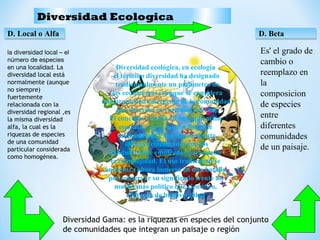 Diversidad Ecologica
D. Local o AlfaD. Local o Alfa D. BetaD. Beta
EQUIDADEQUIDAD
Diversidad ecológica, en ecología
el término diversidad ha designado
tradicionalmente un parámetro de
los ecosistemas (aunque se considera
una propiedad emergente de la comunidad)
que describe su variedad interna.
El concepto resulta de una aplicación
específica de la noción física de
información, y se mide mediante
índices relacionados con los
habitualmente empleados para medir
la complejidad. El uso tradicional se
encuentra ahora inmerso en una batalla
por conservar su significado frente al,
mucho más político que científico,
concepto de biodiversidad.
Es' el grado de
cambio o
reemplazo en
la
composicion
de especies
entre
diferentes
comunidades
de un paisaje.
la diversidad local – el
número de especies
en una localidad. La
diversidad local está
normalmente (aunque
no siempre)
fuertemente
relacionada con la
diversidad regional ,es
la misma diversidad
alfa, la cual es la
riquezas de especies
de una comunidad
particular considerada
como homogénea.
Diversidad Gama: es la riquezas en especies del conjunto
de comunidades que integran un paisaje o región
 