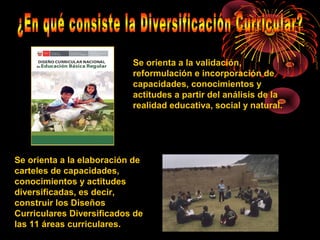 Se orienta a la validación, 
reformulación e incorporación de 
capacidades, conocimientos y 
actitudes a partir del análisis de la 
realidad educativa, social y natural. 
Se orienta a la elaboración de 
carteles de capacidades, 
conocimientos y actitudes 
diversificadas, es decir, 
construir los Diseños 
Curriculares Diversificados de 
las 11 áreas curriculares. 
 