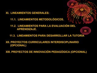 XI. LINEAMIENTOS GENERALES: 
11.1. LINEAMIENTOS METODOLÓGICOS. 
11.2. LINEAMIENTOS PARA LA EVALUACIÓN DEL 
APRENDIZAJE. 
11.3. LINEAMIENTOS PARA DESARROLLAR LA TUTORÍA 
XII. PROYECTOS CURRICULARES INTERDISCIPLINARIO 
(OPCIONAL) 
XIII. PROYECTOS DE INNOVACIÓN PEDAGÓGICA (OPCIONAL) 
