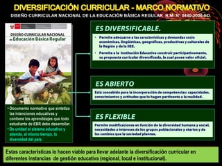 DISEÑO CURRICULAR NACIONAL DE LA EDUCACIÓN BÁSICA REGULAR R.M. N° 0440-2008-ED. 
EESS DDIIVVEERRSSIIFFIICCAABBLLEE.. 
• Permite adecuarse a las características y demandas socio 
económicas, lingüísticas, geográficas, productivas y culturales de 
la Región y de la IIEE. 
• Permite a la Institución Educativa construir participativamente, 
su propuesta curricular diversificada, la cual posee valor oficial. 
• DDooccuummeennttoo nnoorrmmaattiivvoo qquuee ssiinntteettiizzaa 
llaass iinntteenncciioonneess eedduuccaattiivvaass yy 
ccoonnttiieennee llooss aapprreennddiizzaajjeess qquuee ttooddoo 
eessttuuddiiaannttee ddee EEBBRR ddeebbee ddeessaarrrroollllaarr.. 
• Da unidad al sistema educativo y 
atiende, al mismo tiempo, la 
diversidad del país. 
EESS AABBIIEERRTTOO 
Está concebido para la incorporación de competencias: capacidades, 
conocimientos y actitudes que lo hagan pertinente a la realidad. 
EESS FFLLEEXXIIBBLLEE 
Permite modificaciones en función de la diversidad humana y social, 
necesidades e intereses de los grupos poblacionales y etarios y de 
los cambios que la sociedad plantea. 
Estas características lo hacen viable para llevar adelante la diversificación curricular en 
diferentes instancias de gestión educativa (regional, local e institucional). 
 
