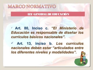 L Y GE R DE E
          E    NE AL  DUCACIÓN



 Art. 80, Inciso c. “El Ministerio de
Educación es responsable de diseñar los
currículos básicos nacionales”.
   Art. 13, inciso b. Los currículos
nacionales deben estar “articulados entre
los diferentes niveles y modalidades”.
 