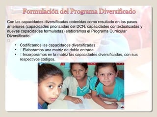 Con las capacidades diversificadas obtenidas como resultado en los pasos
anteriores (capacidades priorizadas del DCN, capacidades contextualizadas y
nuevas capacidades formuladas) elaboramos el Programa Curricular
Diversificado.

    • Codificamos las capacidades diversificadas.
    • Elaboramos una matriz de doble entrada.
    • Incorporamos en la matriz las capacidades diversificadas, con sus
        respectivos códigos.
 