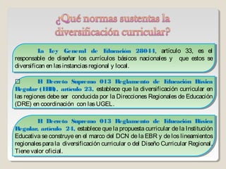 La Ley General de E ducación 28044, artículo 33, es el
           a ey General de E
           L L                        ducación 28044, artículo 33, es el
responsable de diseñar los currículos básicos nacionales y que estos se
 responsable de diseñar los currículos básicos nacionales y que estos se
diversifican en las instancias regional y local.
 diversifican en las instancias regional y local.


         E l Decreto Supremo 013 Reglamento de E ducación B ásica
           l
          E Decreto Supremo 013 Reglamento de E           ducación B ásica
Regular (E B artículo 23, establece que la diversificación curricular en
 Regular (E R), artículo 23, establece que la diversificación curricular en
              B R),
las regiones debe ser conducida por la Direcciones Regionales de Educación
 las regiones debe ser conducida por la Direcciones Regionales de Educación
(DRE) en coordinación con las UGEL.
 (DRE) en coordinación con las UGEL.

         E l Decreto Supremo 013 Reglamento de E ducación B ásica
          l
          E Decreto Supremo 013 Reglamento de E              ducación B   ásica
Regular, artículo 24, establece que la propuesta curricular de la Institución
 Regular, artículo 24, establece que la propuesta curricular de la Institución
Educativa se construye en el marco del DCN de la EBR y de los lineamientos
 Educativa se construye en el marco del DCN de la EBR y de los lineamientos
regionales para la diversificación curricular o del Diseño Curricular Regional.
 regionales para la diversificación curricular o del Diseño Curricular Regional.
Tiene valor oficial.
 Tiene valor oficial.
 
