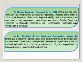 E l Diseño Curricular Nacional de la E B señala que las DRE
           E Diseño Curricular Nacional de la E R señala que las DRE
           l                                      BR
formulan los lineamientos curriculares regionales, tomando como base el
 formulan los lineamientos curriculares regionales, tomando como base el
DCN y el Proyecto Educativo Regional (PER). Estos lineamientos se
 DCN y el Proyecto Educativo Regional (PER). Estos lineamientos se
concretan en un documento normativo, sea este el Diseño Curricular
 concretan en un documento normativo, sea este el Diseño Curricular
Regional, la Propuesta Regional o los Lineamientos Regionales para
 Regional, la Propuesta Regional o los Lineamientos Regionales para
diversificar el currículo.
 diversificar el currículo.



         La Ley Orgánica de los Gobiernos Regionales, artículo 7,
           a ey
          L L Orgánica de los Gobiernos Regionales, artículo 7,
señala que el gobierno regional tiene, entre otras funciones, la de diversificar
 señala que el gobierno regional tiene, entre otras funciones, la de diversificar
los currículos nacionales, incorporando contenidos significativos de su
 los currículos nacionales, incorporando contenidos significativos de su
realidad sociocultural, económica, productiva y ecológica y respondiendo a
 realidad sociocultural, económica, productiva y ecológica y respondiendo a
las necesidades e intereses de los estudiantes.
 las necesidades e intereses de los estudiantes.
 