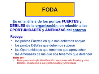 Es un análisis de los puntos  FUERTES  y  DÉBILES  de la  organización , en relación a las  OPORTUNIDADES  y  AMENAZAS  del  entorno FODA Recoge: los puntos Fuertes en que nos debemos apoyar los puntos Débiles que debemos superar las Oportunidades que tenemos que aprovechar las Amenazas de las que nos tenemos que defender Debe ser: Más que una simple identificación: los puntos más Fuertes y más Débiles, en relación a las Oportunidades y Amenazas  