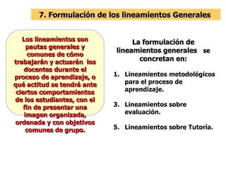Los lineamientos son pautas generales y comunes de cómo trabajarán y actuarán  los docentes durante el proceso de aprendizaje, o qué actitud se tendrá ante ciertos comportamientos de los estudiantes, con el fin de presentar una imagen organizada, ordenada y con objetivos comunes de grupo. Lineamientos metodológicos para el proceso de aprendizaje. Lineamientos sobre evaluación. Lineamientos sobre Tutoría. 7. Formulación de los lineamientos Generales  La formulación de lineamientos generales  se  concretan en: 