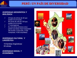 MINISTERIO DE EDUCACIÓN
              EDUCACIÓ
                                             PERÚ: UN PAÍS DE DIVERSIDAD
                                             PERÚ:    PAÍS
  REPÚBLICA DEL PERÚ
  REPÚ          PERÚ




      DIVERSIDAD GEOGRÁFICA Y
      BIOLÓGICA

                          24 tipos de climas de 32 que
                          existen en el mundo.
                          84 zonas de vida de 104 que
                          existen en el mundo.
                          11 ecorregiones
                          Es uno de los primeros cinco
                          países que tiene mayor diversidad
                          del mundo (1 816 aves, 3 532
                          mariposas, 4 000 orquídeas)


      DIVERSIDAD CULTURAL Y
      LINGÜÍSTICA

          14 familias lingüísticas
          44 etnias

      DIVERSIDAD SOCIAL Y
      ECONÓMICA.
 