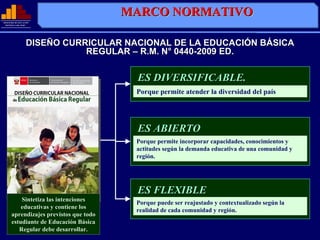 MARCO NORMATIVO
MINISTERIO DE EDUCACIÓN
              EDUCACIÓ
  REPÚBLICA DEL PERÚ
  REPÚ          PERÚ




                    DISEÑO CURRICULAR NACIONAL DE LA EDUCACIÓN BÁSICA
                               REGULAR – R.M. N° 0440-2009 ED.

                                          ES DIVERSIFICABLE.
                                          Porque permite atender la diversidad del país




                                          ES ABIERTO
                                          Porque permite incorporar capacidades, conocimientos y
                                          actitudes según la demanda educativa de una comunidad y
                                          región.




                                          ES FLEXIBLE
           Sintetiza las intenciones
                                          Porque puede ser reajustado y contextualizado según la
           educativas y contiene los
                                          realidad de cada comunidad y región.
       aprendizajes previstos que todo
       estudiante de Educación Básica
          Regular debe desarrollar.
 