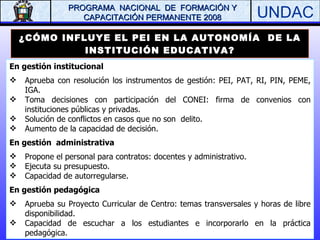 ¿CÓMO INFLUYE EL PEI EN LA AUTONOMÍA  DE LA INSTITUCIÓN EDUCATIVA? En gestión institucional Aprueba con resolución los instrumentos de gestión: PEI, PAT, RI, PIN, PEME, IGA. Toma decisiones con participación del CONEI: firma de convenios con instituciones públicas y privadas. Solución de conflictos en casos que no son  delito. Aumento de la capacidad de decisión. En gestión  administrativa Propone el personal para contratos: docentes y administrativo. Ejecuta su presupuesto. Capacidad de autorregularse. En gestión pedagógica Aprueba su Proyecto Curricular de Centro: temas transversales y horas de libre disponibilidad. Capacidad de escuchar a los estudiantes e incorporarlo en la práctica pedagógica. 