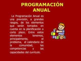 PROGRAMACIÓN
            ANUAL
  La Programación Anual es
una previsión, a grandes
rasgos, de los elementos
que serán tomados en
cuenta en la planificación a
corto plazo. Entre estos
elementos          tenemos,
principalmente,            el
problema, el calendario de
la      comunidad,        las
competencias       y      las
capacidades del currículo.
 