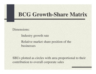 BCG Growth-Share Matrix

Dimensions:
      Industry growth rate
      Relative market share position of the
      businesses


SBUs plotted as circles with area proportional to their
contribution to overall corporate sales
 