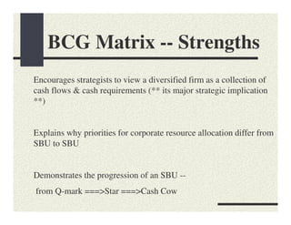 BCG Matrix -- Strengths
Encourages strategists to view a diversified firm as a collection of
cash flows & cash requirements (** its major strategic implication
**)


Explains why priorities for corporate resource allocation differ from
SBU to SBU


Demonstrates the progression of an SBU --
from Q-mark ===>Star ===>Cash Cow
 