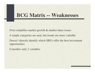 BCG Matrix -- Weaknesses

Over-simplifies market growth & market share issues
4 simple categories are neat, but trends are more valuable
Doesn’t directly identify which SBUs offer the best investment
opportunities
Considers only 2 variables
 