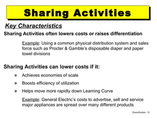 Diversification 12
Sharing ActivitiesSharing Activities
Key Characteristics
Sharing Activities often lowers costs or raises differentiation
Sharing Activities can lower costs if it:
Example: Using a common physical distribution system and sales
force such as Procter & Gamble’s disposable diaper and paper
towel divisions
** Achieves economies of scale
** Boosts efficiency of utilization
** Helps move more rapidly down Learning Curve
Example: General Electric’s costs to advertise, sell and service
major appliances are spread over many different products
Sharing ActivitiesSharing Activities
 