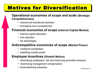 Diversification 5
Motives for DiversificationMotives for Diversification
Operational economies of scope and scale (Strategic
Competitiveness)
• shared and transferred activities
• leveraging core competencies
Financial economies of scope (Internal Capital Market)
• internal capital allocation
• risk reduction
• tax advantages
Anticompetitive economies of scope (Market Power)
• multipoint competition
• exploiting market power
Employee Incentives (Growth Motive)
• diversifying employees’ risk and improving promotion chances
• maximizing management compensation
• Avoid declining industries
 