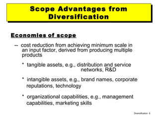 Diversification 8
Economies of scope
-- cost reduction from achieving minimum scale in
an input factor, derived from producing multiple
products
* tangible assets, e.g., distribution and service
networks, R&D
* intangible assets, e.g., brand names, corporate
reputations, technology
Scope Advantages from
Diversification
Scope Advantages from
Diversification
* organizational capabilities, e.g., management
capabilities, marketing skills
 