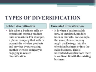TYPES OF DIVERSIFICATION
Related diversification Unrelated diversification
• It is when a business adds or
expands its existing product
lines or markets. For example,
a phone company that adds or
expands its wireless products
and services by purchasing
another wireless company is
engaging in related
diversification.
• It is when a business adds
new, or unrelated, product
lines or markets. For example,
the same phone company
might decide to go into the
television business or into the
radio business. This is
unrelated diversification: there
is no direct fit with the existing
business.
 
