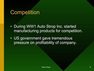 Competition  <ul><li>During WW1 Auto Strop Inc. started manufacturing products for competition. </li></ul><ul><li>US gover...