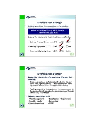 Diversification Strategy
• Build on your Core Competencies . . .Remember:

      Define your company by what you do . . .
               Not by what you make

• Explore the market and determine the price of entry:

   – Existing Financial System . . . . .OK?       YES       NO

   – Existing Equipment . . . . . . . . . . OK?   YES       NO

   – Understand Specialty Metals . . .OK?         YES       NO




                Diversification Strategy
• Remember to question Conventional Wisdom. For
  example:
   – Processes designed for Automotive Production (i.e, low
     setup time, high OEE rating). . . How cost-effective is this
     equipment for low volume aerospace applications?

   – Tooling designed for this equipment was also designed for
     the same Automotive production purposes . . .can the cost
     of re-tooling be justified?

• Expect a Learning Curve:
   - Order Management            - Specifications / Requirements
   - Specialty metals            - Composites
   - Source Inspections          - ?????
 