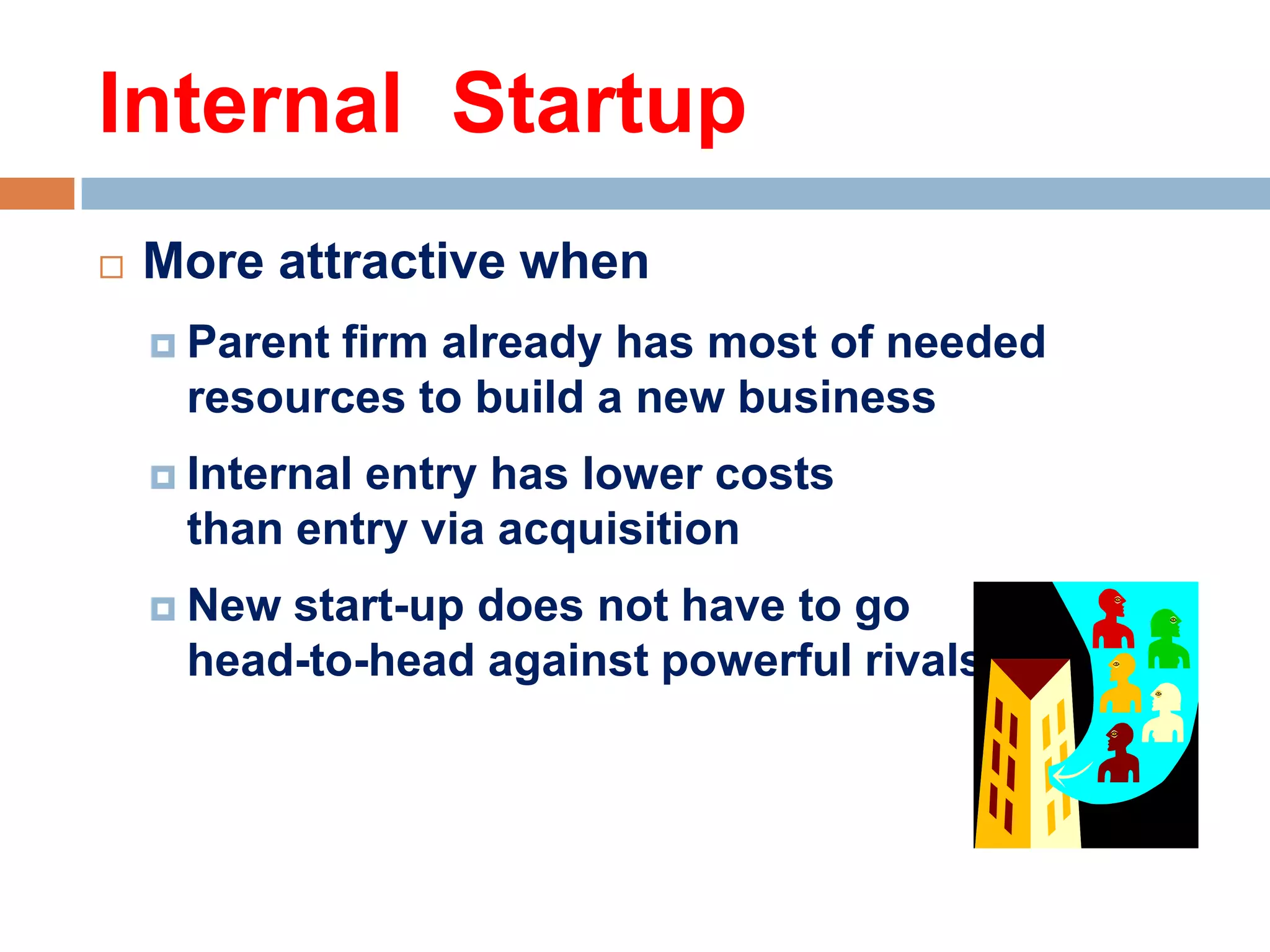Internal Startup


More attractive when
 Parent

firm already has most of needed
resources to build a new business

 Internal

entry has lower costs
than entry via acquisition

 New

start-up does not have to go
head-to-head against powerful rivals

 