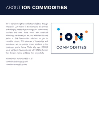 ABOUT ION COMMODITIES
We’re transforming the world of commodities through
innovation. Our mission is to understand the diverse
and changing needs of your energy and commodities
business and meet those needs with advanced
technology. Wherever you are, and whatever industry
you’re in, ION Commodities solutions put you in
complete control. With decades of knowledge and
experience, we can provide proven solutions to the
challenges you’re facing. That’s why over 30,000
users worldwide have partnered with ION to sharpen
their decision-making and boost their productivity.
Want to know more? Contact us at:
commodities@iongroup.com
commodities.iongroup.com
 