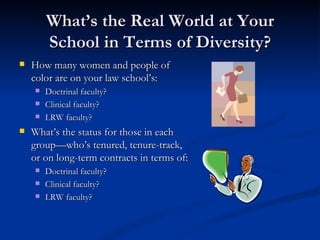 What’s the Real World at Your School in Terms of Diversity? How many women and people of color are on your law school’s: Doctrinal faculty? Clinical faculty? LRW faculty? What’s the status for those in each group—who’s tenured, tenure-track, or on long-term contracts in terms of: Doctrinal faculty? Clinical faculty? LRW faculty? 