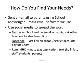 How Do You Find Your Needs?
• Sent an email to parents using School
Messenger – mass email software we use
• Use social media to spread the word:
– Twitter – school and personal accounts; ask other
teachers to also Tweet link
– Facebook – Post link on school/district account;
pay for Boost
– RemindHQ – mass text application; text the link to
staff, students, parents
#BFKSOAR
 