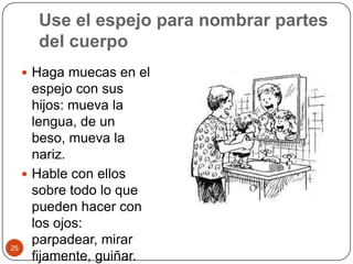 Use el espejo para nombrar partes del cuerpoHaga muecas en el espejo con sus hijos: mueva la lengua, de un beso, mueva la nariz.Hable con ellos sobre todo lo que pueden hacer con los ojos: parpadear, mirar fijamente, guiñar. 25