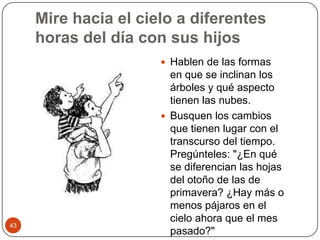 Mire hacia el cielo a diferentes horas del día con sus hijosHablen de las formas en que se inclinan los árboles y qué aspecto tienen las nubes.Busquen los cambios que tienen lugar con el transcurso del tiempo. Pregúnteles: "¿En qué se diferencian las hojas del otoño de las de primavera? ¿Hay más o menos pájaros en el cielo ahora que el mes pasado?" 43