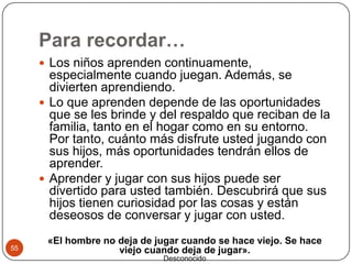 Para recordar…Los niños aprenden continuamente, especialmente cuando juegan. Además, se divierten aprendiendo.Lo que aprenden depende de las oportunidades que se les brinde y del respaldo que reciban de la familia, tanto en el hogar como en su entorno. Por tanto, cuánto más disfrute usted jugando con sus hijos, más oportunidades tendrán ellos de aprender. Aprender y jugar con sus hijos puede ser divertido para usted también. Descubrirá que sus hijos tienen curiosidad por las cosas y están deseosos de conversar y jugar con usted. «El hombre no deja de jugar cuando se hace viejo. Se hace viejo cuando deja de jugar».Desconocido55