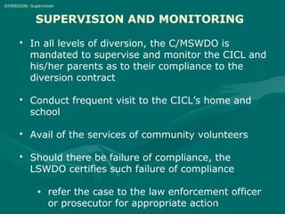 DIVERSION: Supervision

SUPERVISION AND MONITORING


In all levels of diversion, the C/MSWDO is
mandated to supervise and monitor the CICL and
his/her parents as to their compliance to the
diversion contract



Conduct frequent visit to the CICL’s home and
school



Avail of the services of community volunteers



Should there be failure of compliance, the
LSWDO certifies such failure of compliance
•

refer the case to the law enforcement officer
37
or prosecutor for appropriate action

 