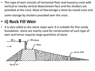 .
• This type of weir consists of horizontal floor and masonry crest with
vertical or nearby vertical downstream face and the shutters are
provided at the crest. Most of the storage is done by raised crest and
some storage by shutters provided over the crest.
• ii) Rock Fill Weir
• It is also called as dry stone slope weir. It is suitable for fine sandy
foundation. stone are mainly used for construction of such type of
weir and hence requires large quantities of stone
 