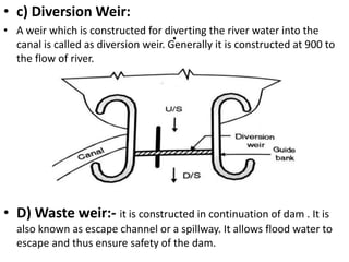 .
• c) Diversion Weir:
• A weir which is constructed for diverting the river water into the
canal is called as diversion weir. Generally it is constructed at 900 to
the flow of river.
• D) Waste weir:- it is constructed in continuation of dam . It is
also known as escape channel or a spillway. It allows flood water to
escape and thus ensure safety of the dam.
 