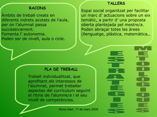 RACONS Àmbits de treball creats en  diferents indrets acotats de l’aula,  per on l’alumnat passa successivament.  Fomenta l’ autonomia. Poden ser de nivell, aula o cicle. TALLERS Espai social organitzat per facilitar un marc d’ actuacions sobre un eix temàtic, a partir d’ una proposta oberta plantejada pel mestre/a. Poden abraçar totes les àrees (llenguatge, plàstica, matemàtica,. PLA DE TREBALL Treball individualitzat, que aprofitant els interessos de  l’alumnat, permet treballar aspectes del currículum seguint el ritme de l’alumne/a i el seu nivell de competències. E S T R A T È G I E S M E T O D L Ò G I Q U E S 