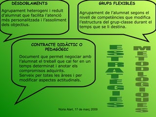 GRUPS FLEXIBLES Agrupament de l’alumnat segons el nivell de competències que modifica l’estructura del grup-classe durant el temps que se li destina. DESDOBLAMENTS Agrupament heterogeni i reduït  d’alumnat que facilita l’atenció més personalitzada i l’assoliment dels objectius. CONTRACTE DIDÀCTIC O PEDAGÒGIC Document que permet negociar amb l’alumnat el treball que cal fer en un temps determinat i anotar els compromisos adquirits. Serveix per totes les àrees i per modificar aspectes actitudinals. E S T R A T È G I E S M E T O D L Ò G I Q U E S 
