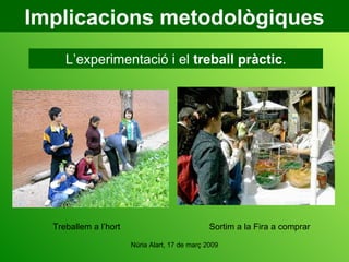 Implicacions metodològiques L’experimentació i el  treball pràctic . Treballem a l’hort Sortim a la Fira a comprar 